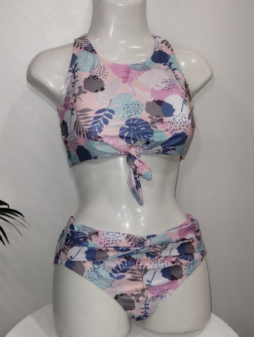 Women’s Floral Tie-Front High-Neck Bikini Set - Pink Multi
